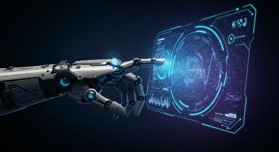 Futuristic hand interacting with a holographic interface, showing haptic feedback sensations.